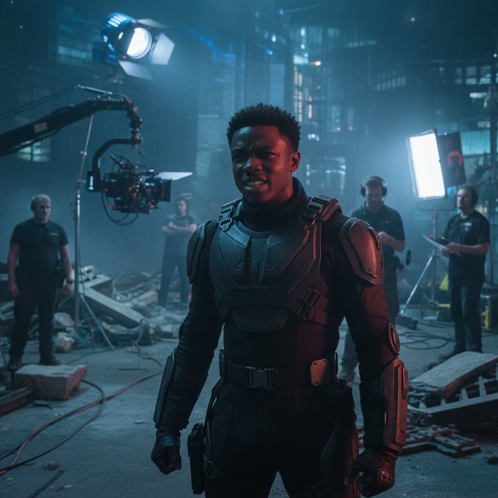 Dramatic shot of John Boyega on set, intense expression, behind-the-scenes energy. Alt text: John Boyega preparing for a transformative movie role in john boyega movies.