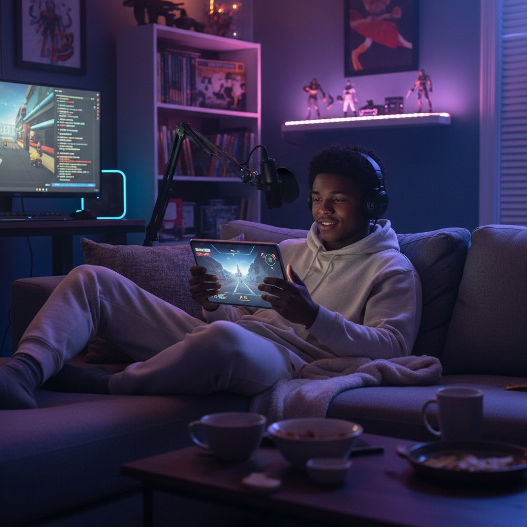 John Boyega watching a film on a tablet, relaxed. Alt text: John Boyega embracing streaming culture, showing the reach of john boyega movies on new platforms.