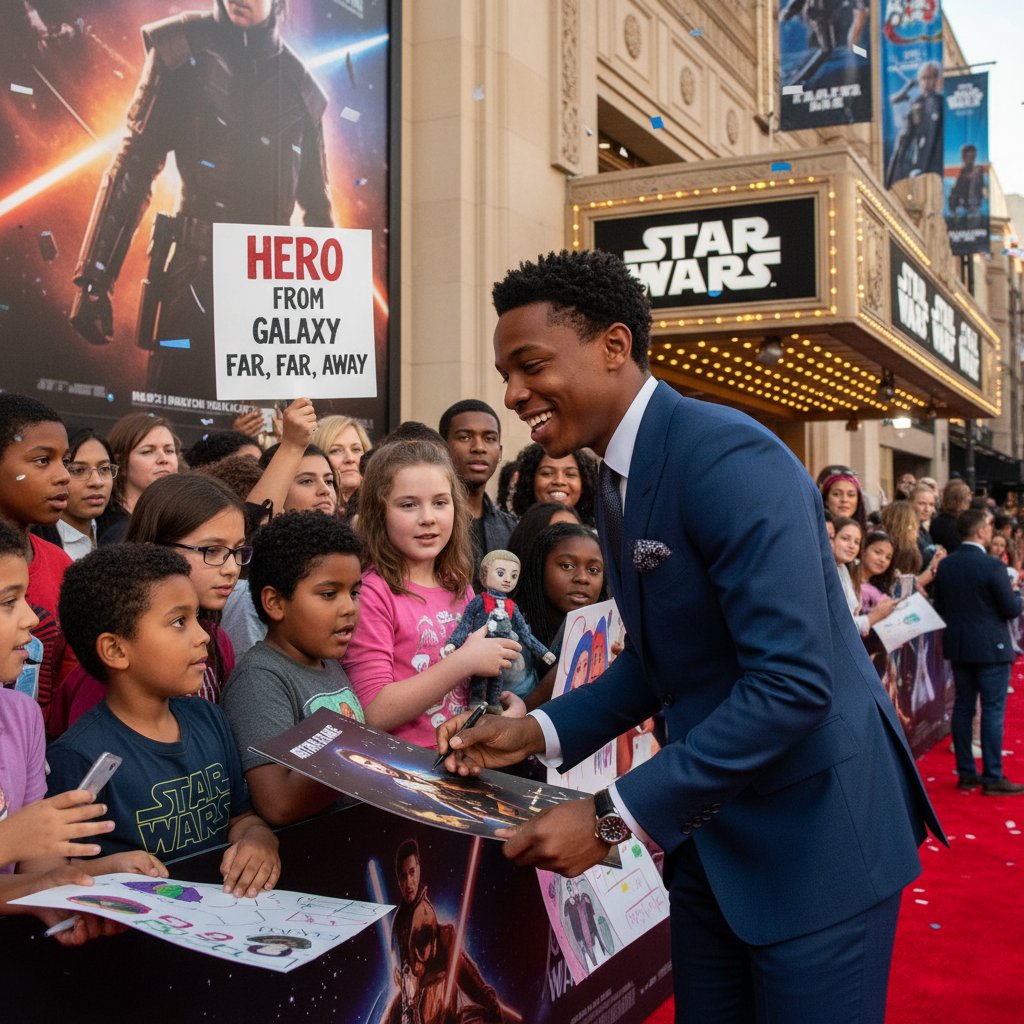 Symbolic shot of John Boyega with young fans at a premiere. Alt text: John Boyega inspiring the next generation at a movie event, showing the cultural impact of john boyega movies.