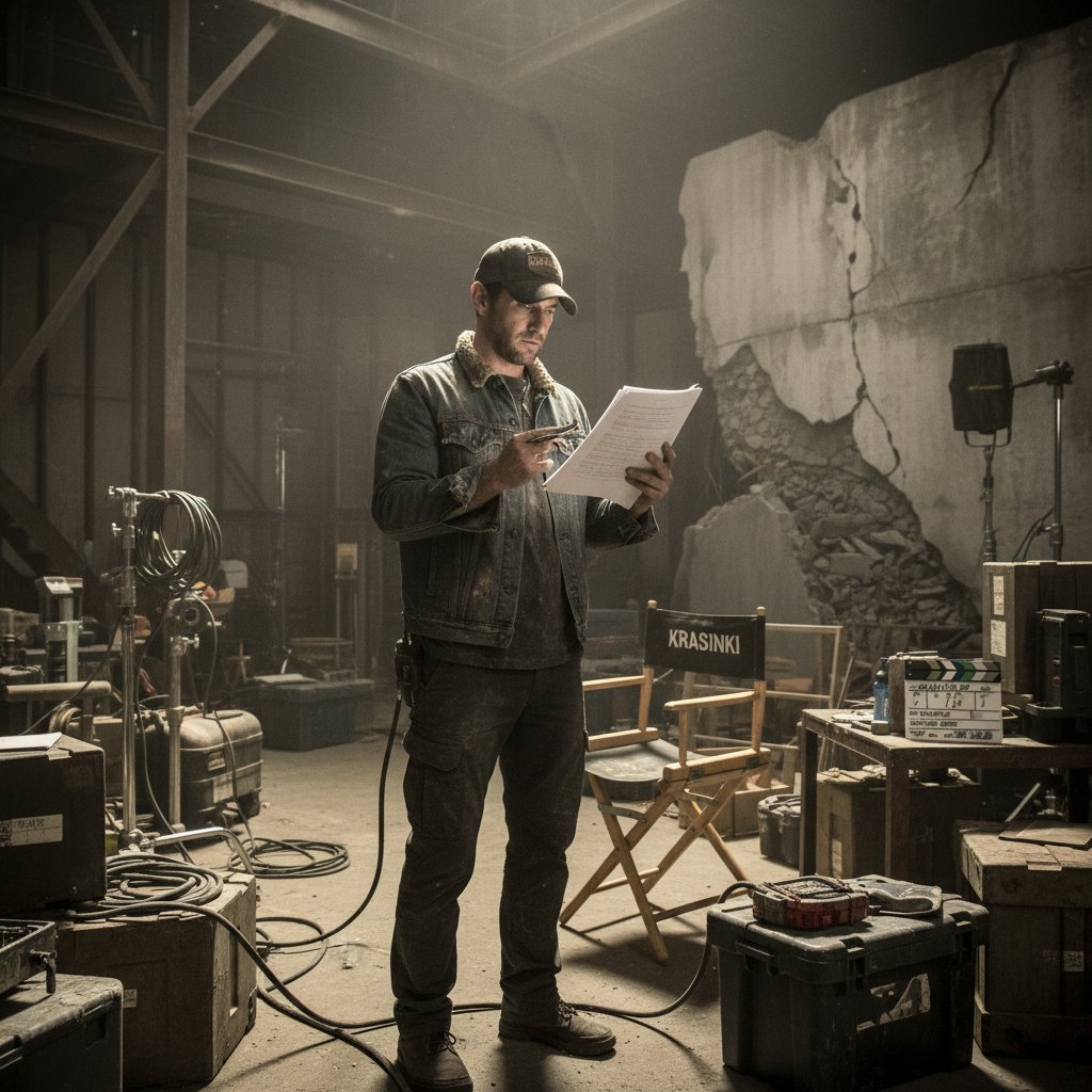 Cinematic portrait of John Krasinski on film set, gritty lighting, scripts in hand, embodying the risk and transformation of his career