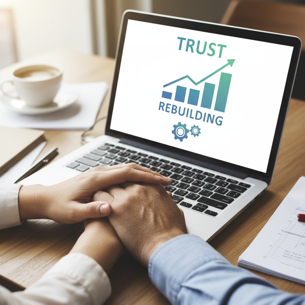 Złączone dłonie nad klawiaturą laptopa jako symbol odbudowy zaufania po cyberzdradzie