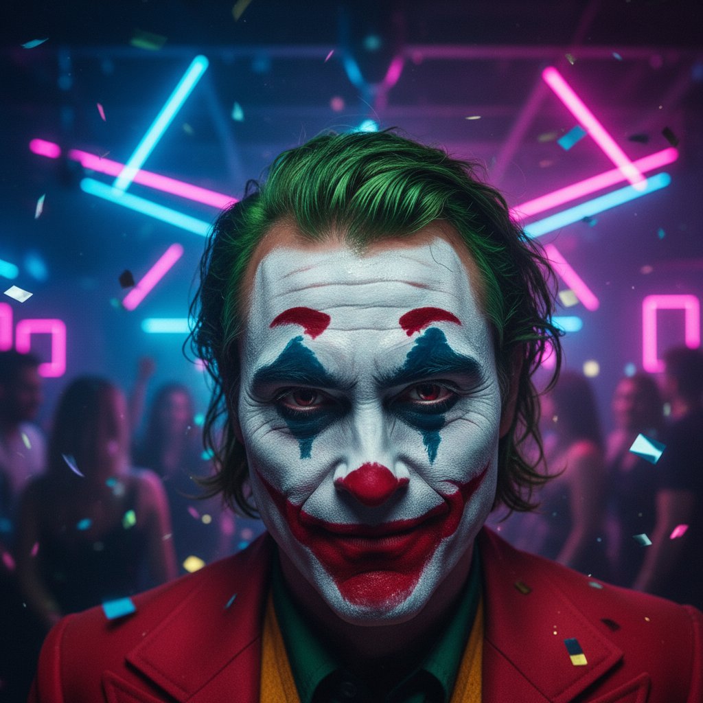 Joker’s face in neon-lit club