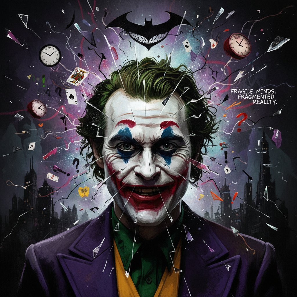 Abstract visualization of the Joker’s mind—fragmented, colorful, chaotic, symbolic of villain psychology