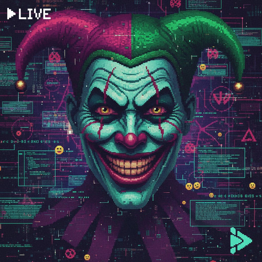 Stylized graphic of Joker’s face pixelated on a streaming interface, digital villain movies