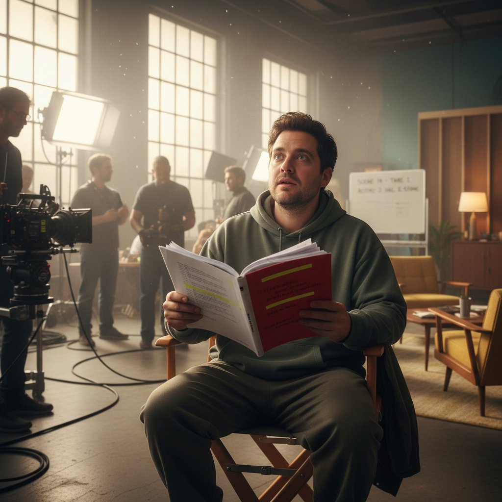 Jonah Hill preparing for a new film project, script in hand, looking toward a bright set
