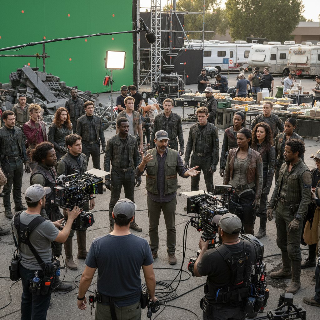 Photo of Jordan Peele on a film set, intense and focused, surrounded by diverse cast and crew