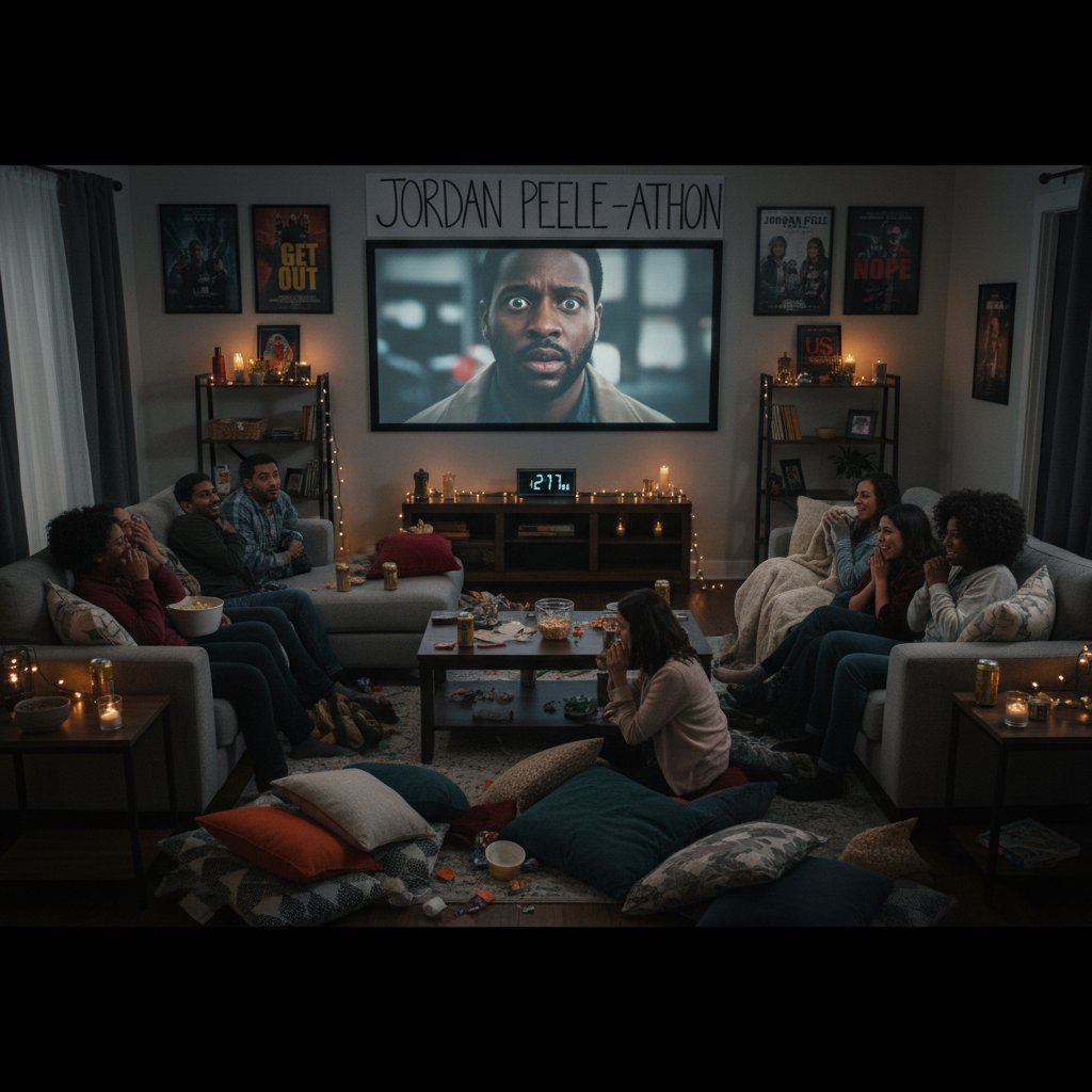 A living room movie marathon with diverse friends, horror posters on the wall, intense anticipation on their faces