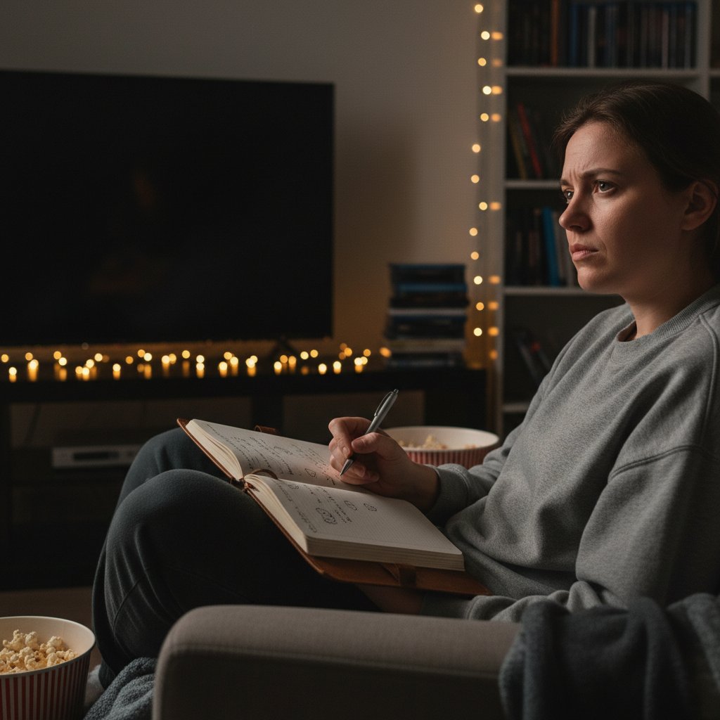 Viewer reflecting on movie experience, notebook in lap, journaling, movie ritual, contemplation