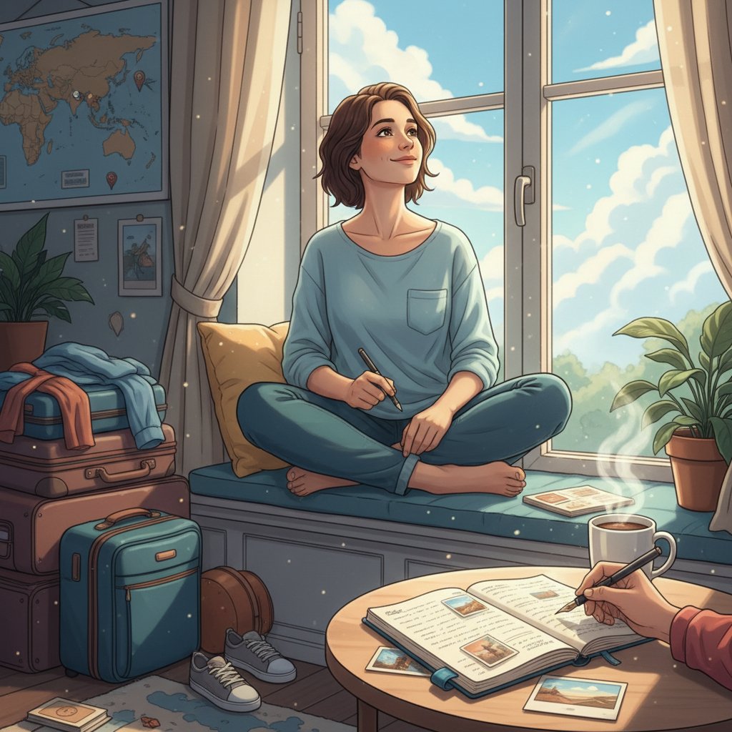 Lifestyle photo of journaling at home post-travel, hopeful tone, healing journey flights