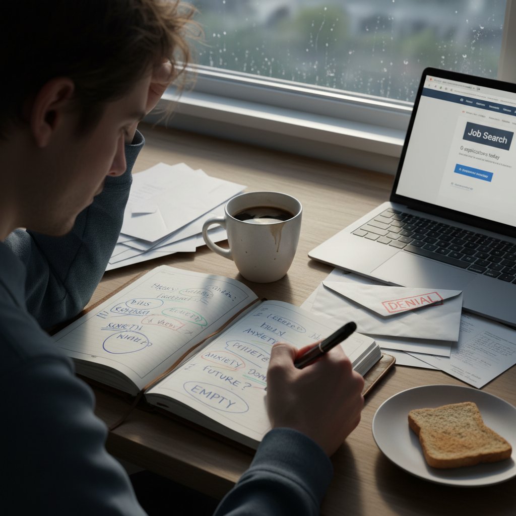 Zdjęcie osoby piszącej dziennik przy kawie, początek dnia stres bezrobocie