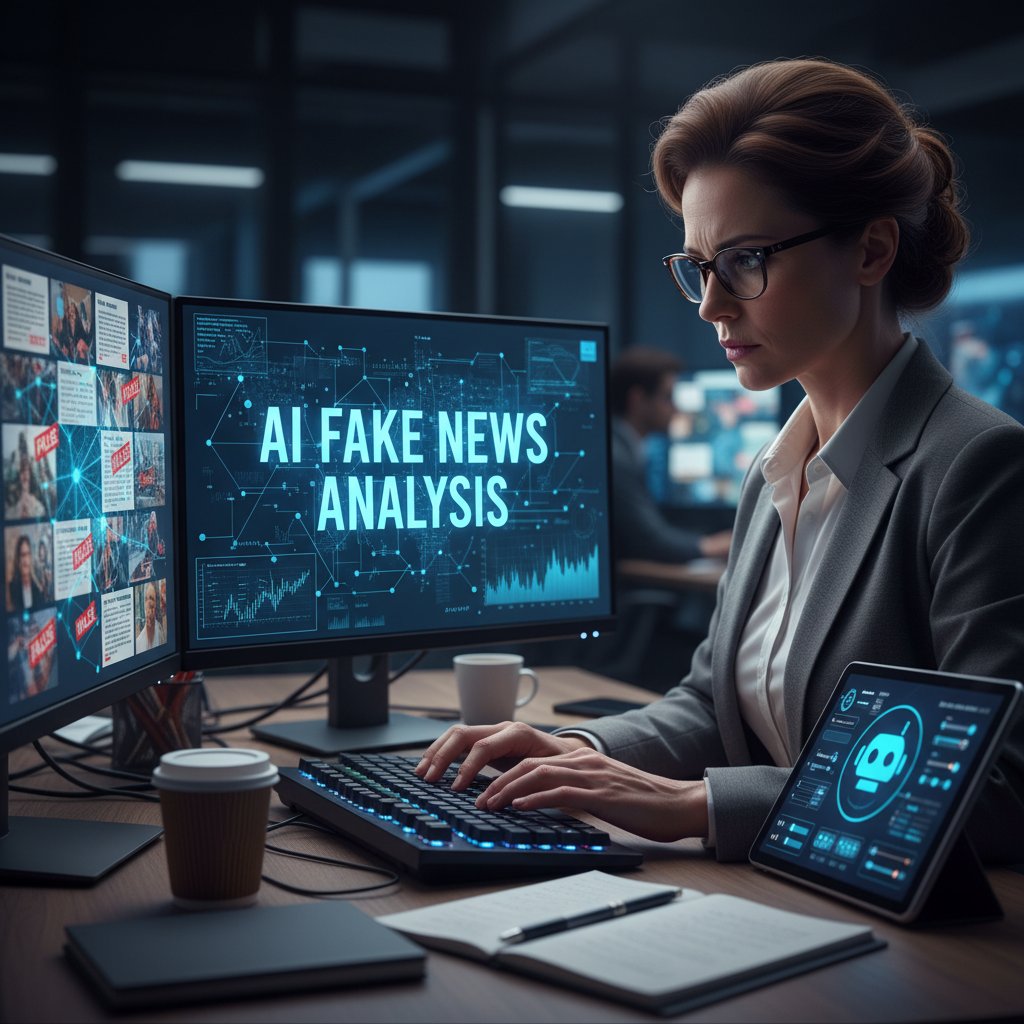 Dziennikarz analizujący treść pod kątem fake newsów z pomocą AI