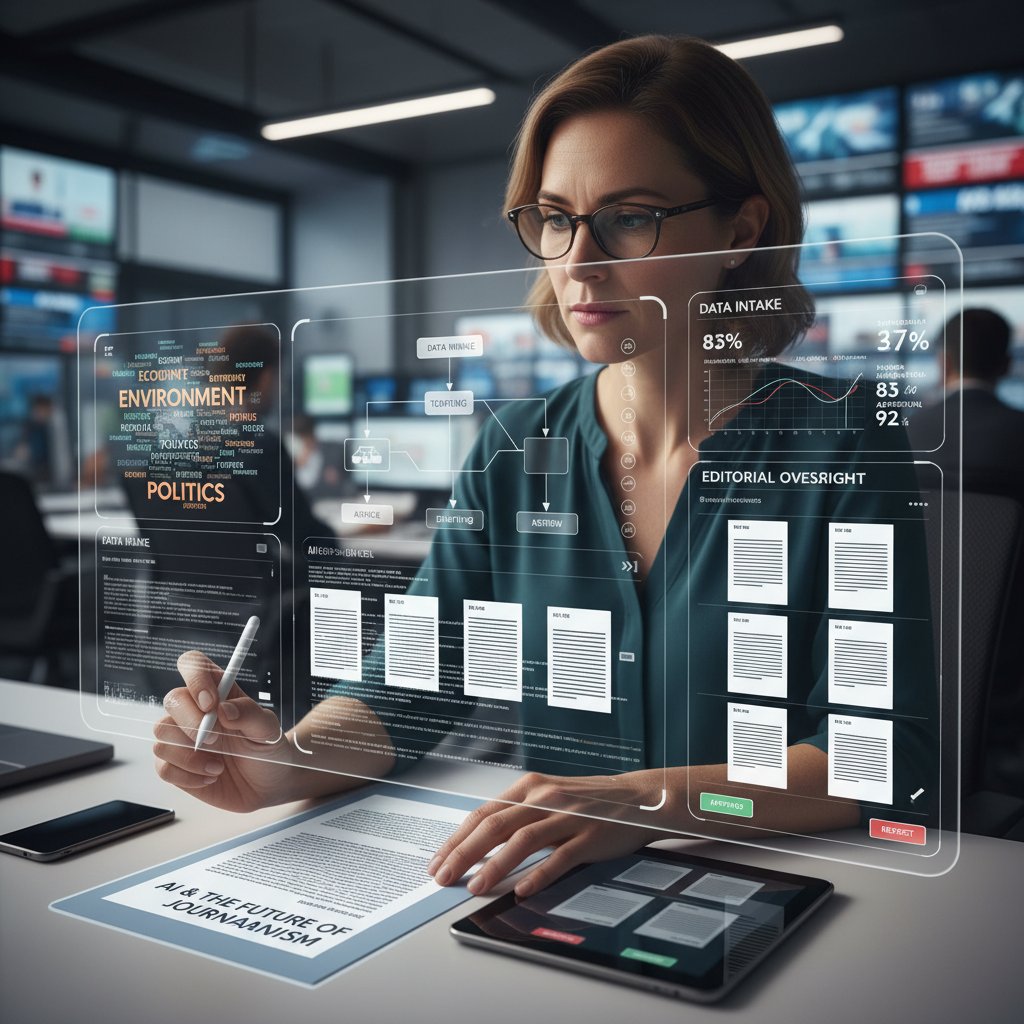 Journalist analyzing AI-generated content on screen, skeptical but engaged in editorial oversight