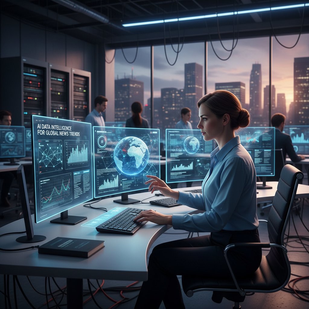 Dziennikarz korzystający z AI do analizy danych, ekran monitora z wizualizacjami informacji