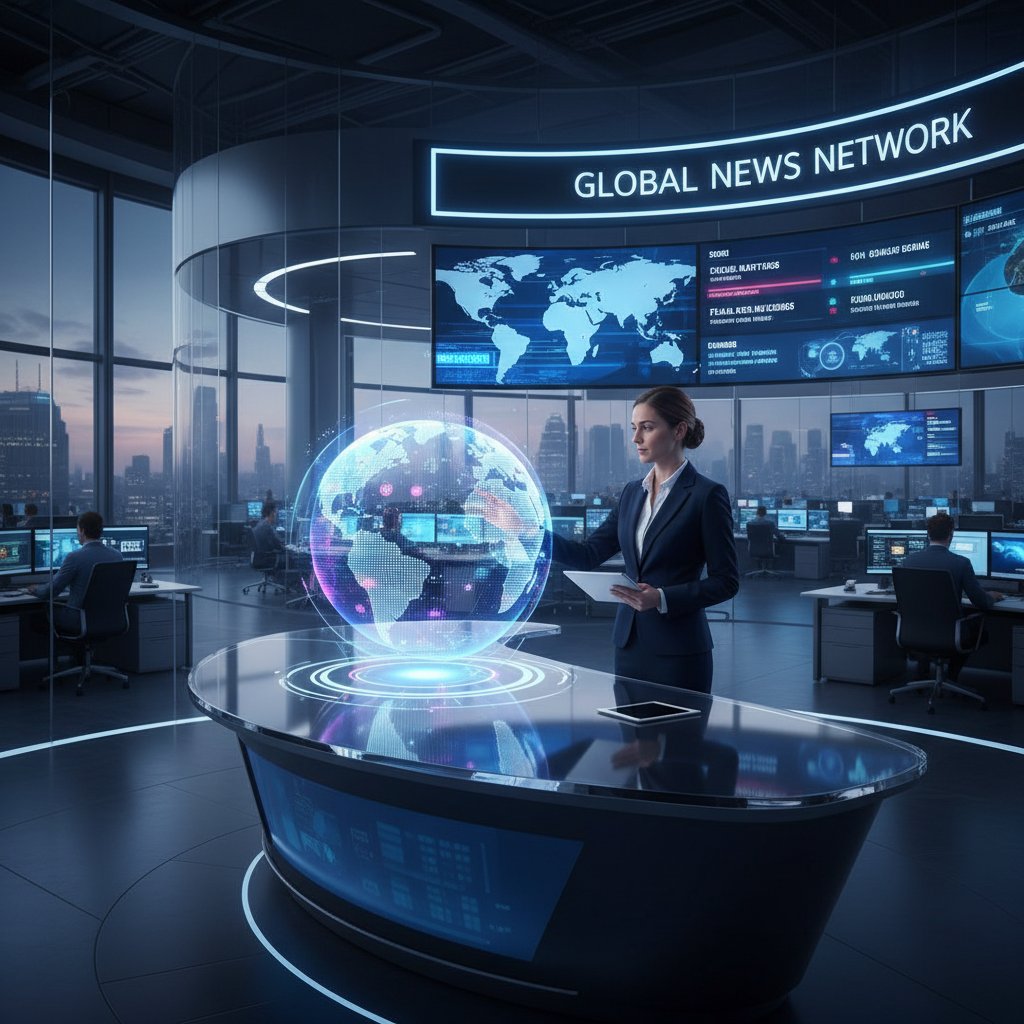 Dziennikarz obok hologramu AI podczas wywiadu w nowoczesnym newsroomie