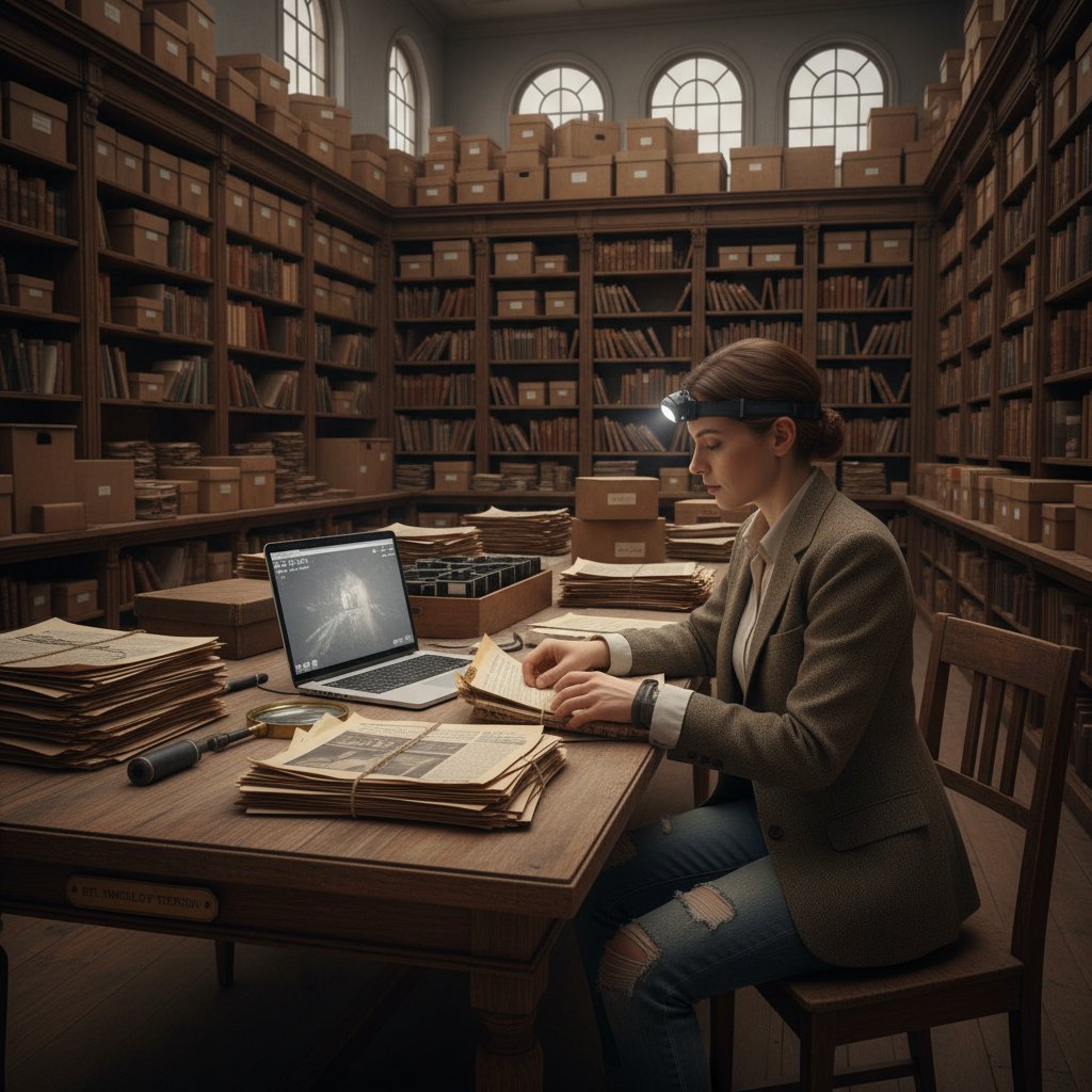 Dziennikarz szukający danych w archiwum, półmrok, notatnik