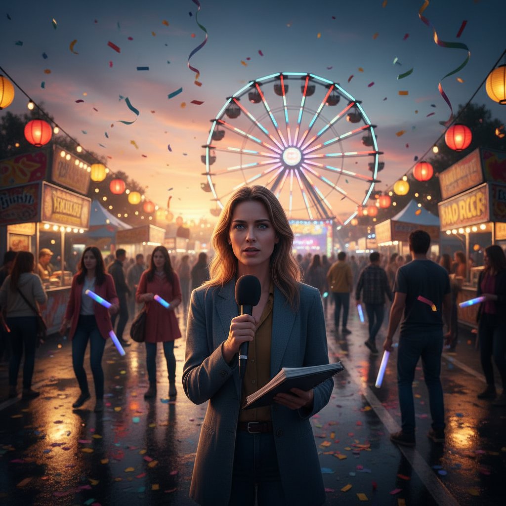 Dziennikarz notujący podczas lokalnego festiwalu, scena o zmierzchu, dynamiczne światło