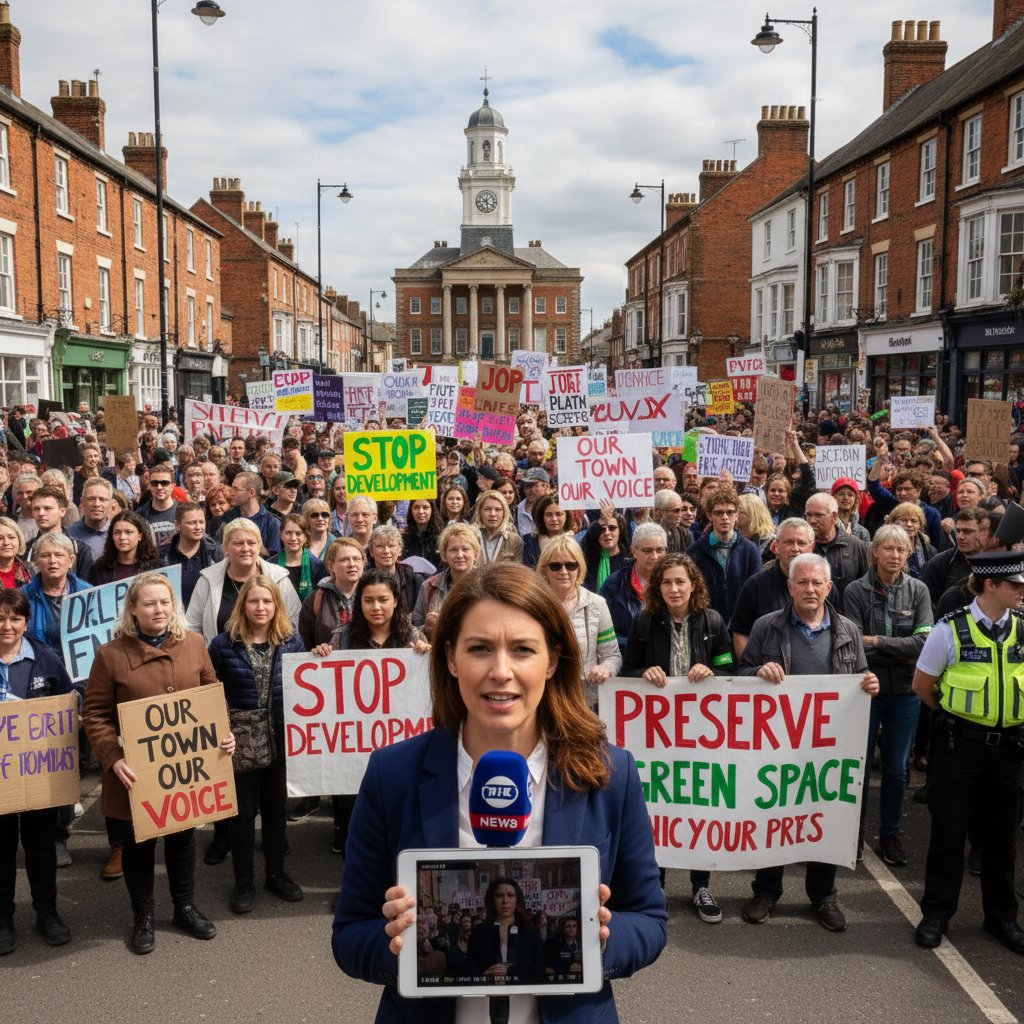 Dziennikarz w trakcie zadawania pytania podczas lokalnego protestu, tłum z transparentami