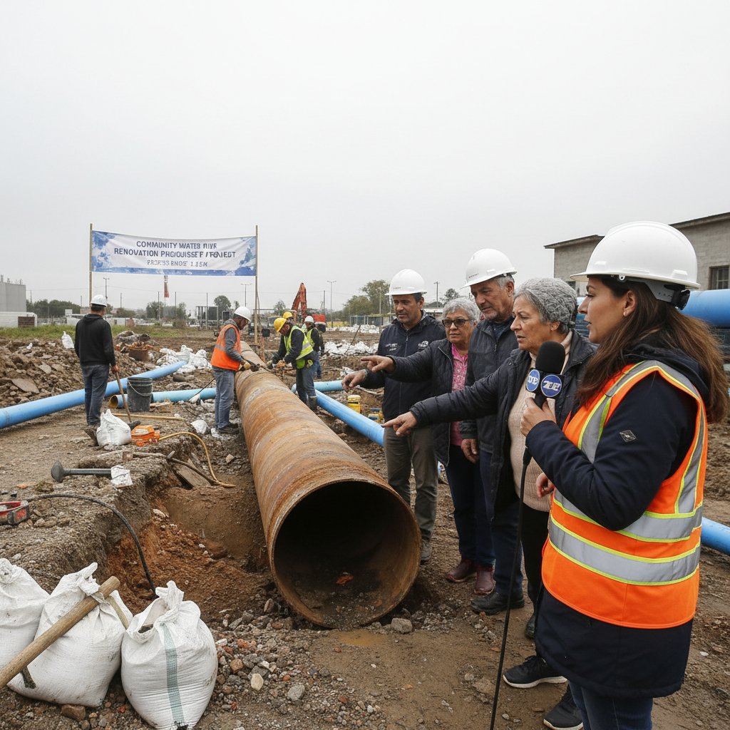 Dziennikarz rozmawiający z lokalnymi mieszkańcami obok remontowanego wodociągu