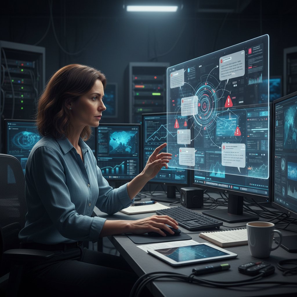 Dziennikarz analizujący newsy na kilku ekranach, walka z dezinformacją online