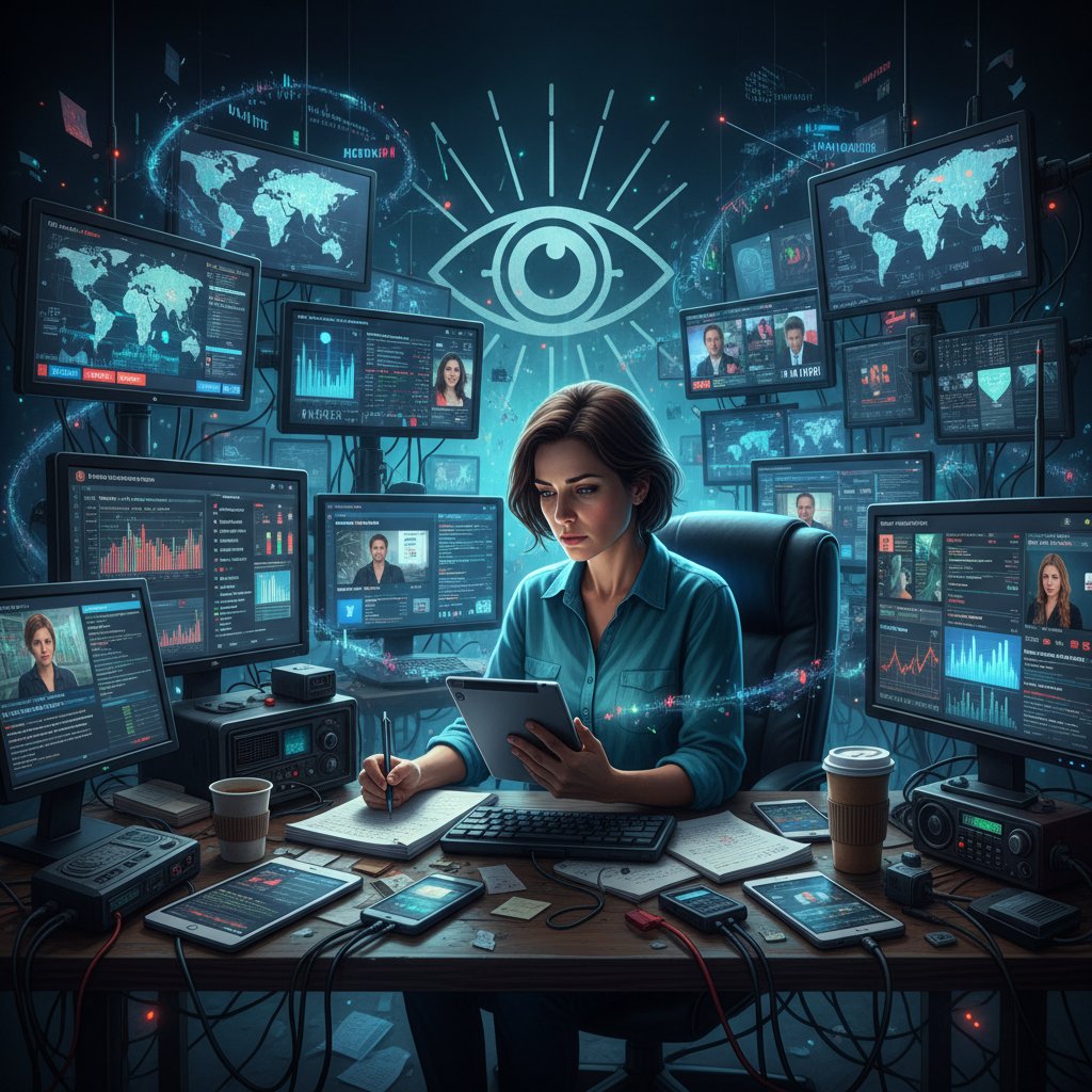 Dziennikarz patrzący na wielki monitor z nagłówkami, chaos informacyjny