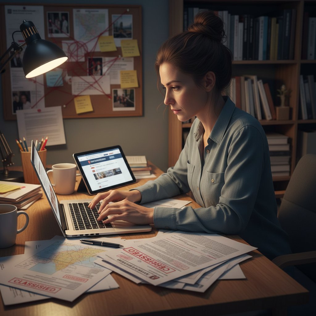 Dziennikarz analizujący akta urzędowe przy laptopie, skupienie, wyszukiwanie informacji urzędowych