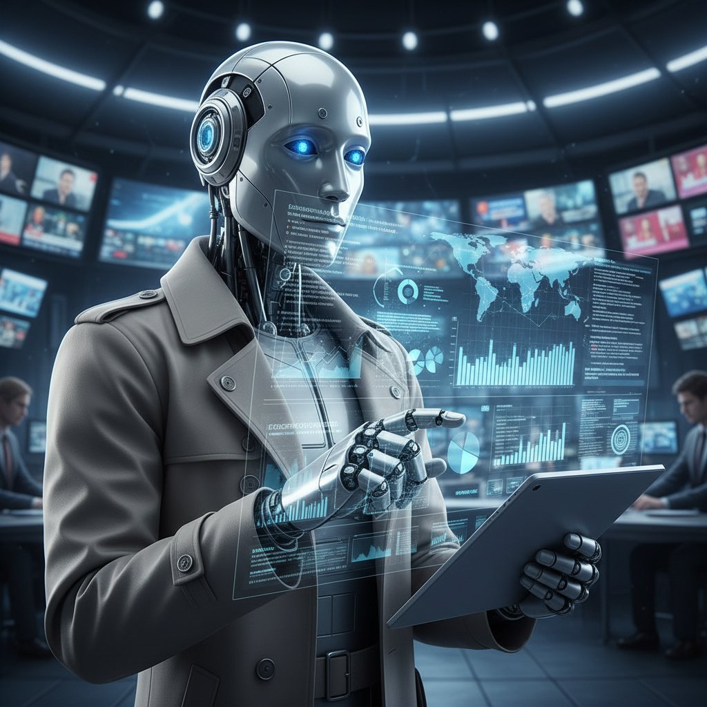 Zdjęcie dziennikarza analizującego dane na ekranie z wizerunkiem robota, symbolizujące wpływ mediów na postrzeganie AI