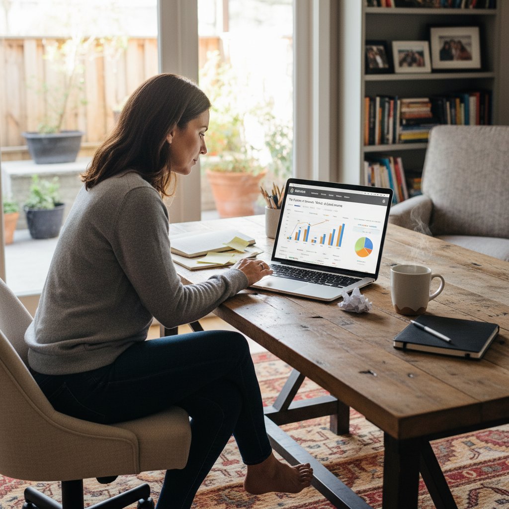 Dziennikarz sprawdza statystyki artykułu na laptopie w domowym biurze