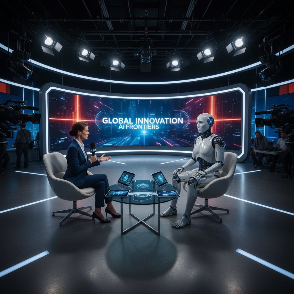 Dziennikarz rozmawia z humanoidem w studiu telewizyjnym