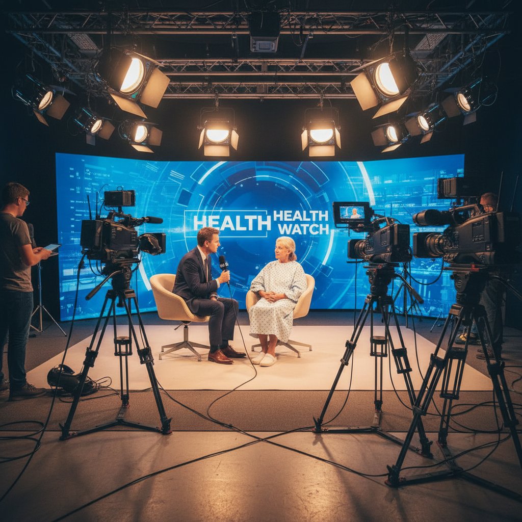 Dziennikarka prowadząca wywiad z pacjentem w studiu telewizyjnym, światła kamer