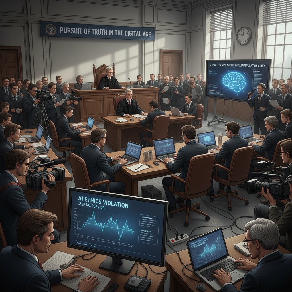 Zdjęcie dziennikarzy i kamer na sali sądowej, medialny skandal wokół technologii AI