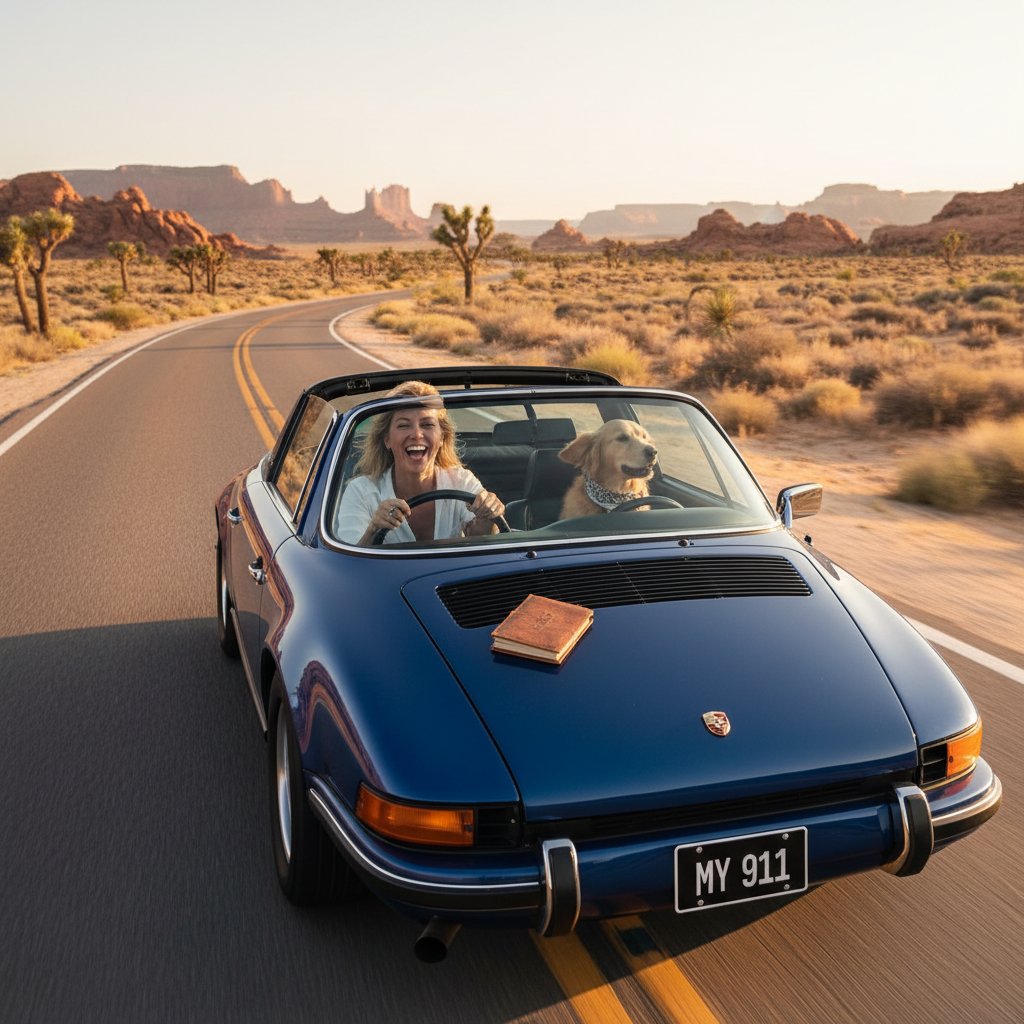 A joyful driver in their chosen car, embracing the open road at sunset, symbolizing the fulfillment of smart emotional car choices