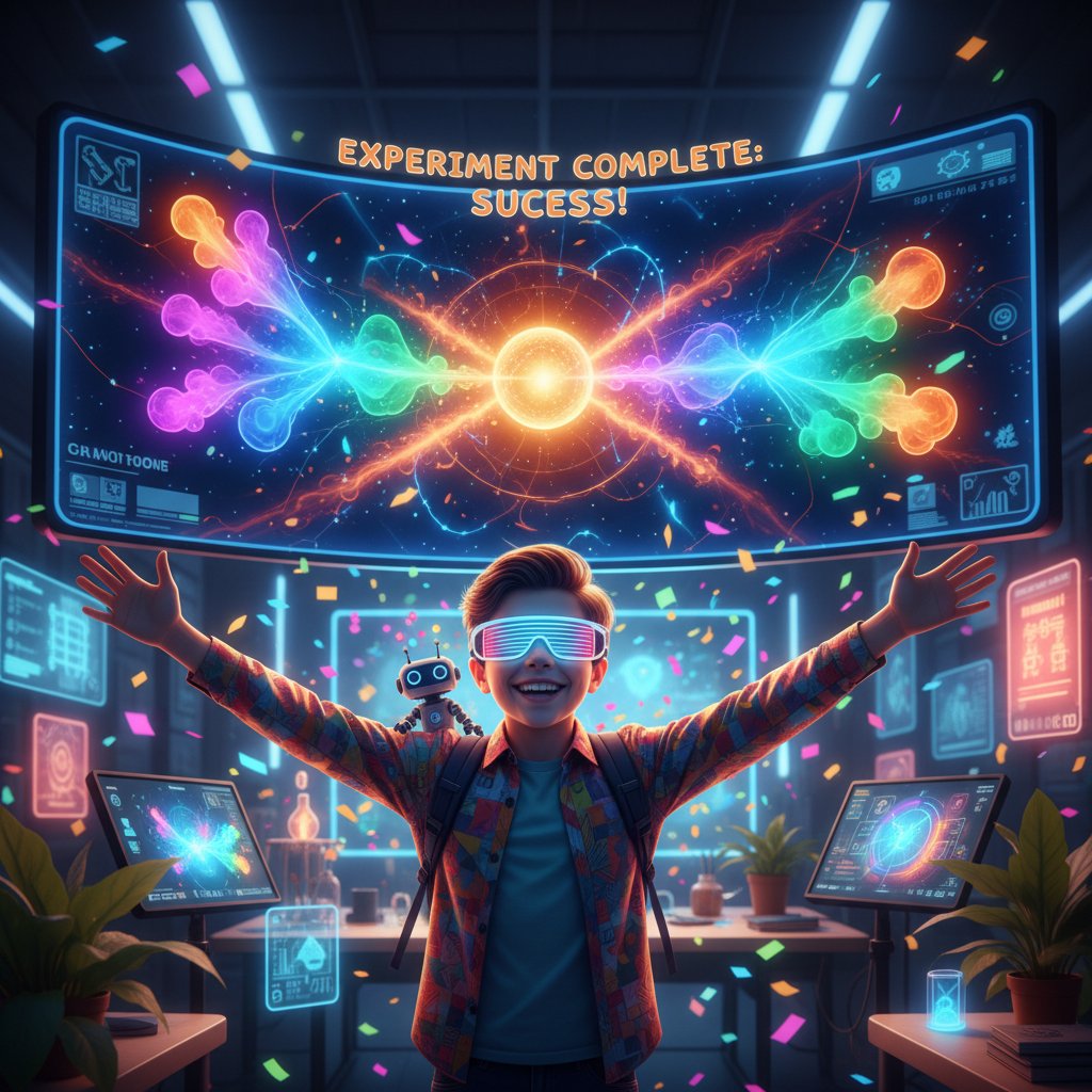 Radość po udanym eksperymencie online, uczeń świętuje sukces, kolorowe otoczenie