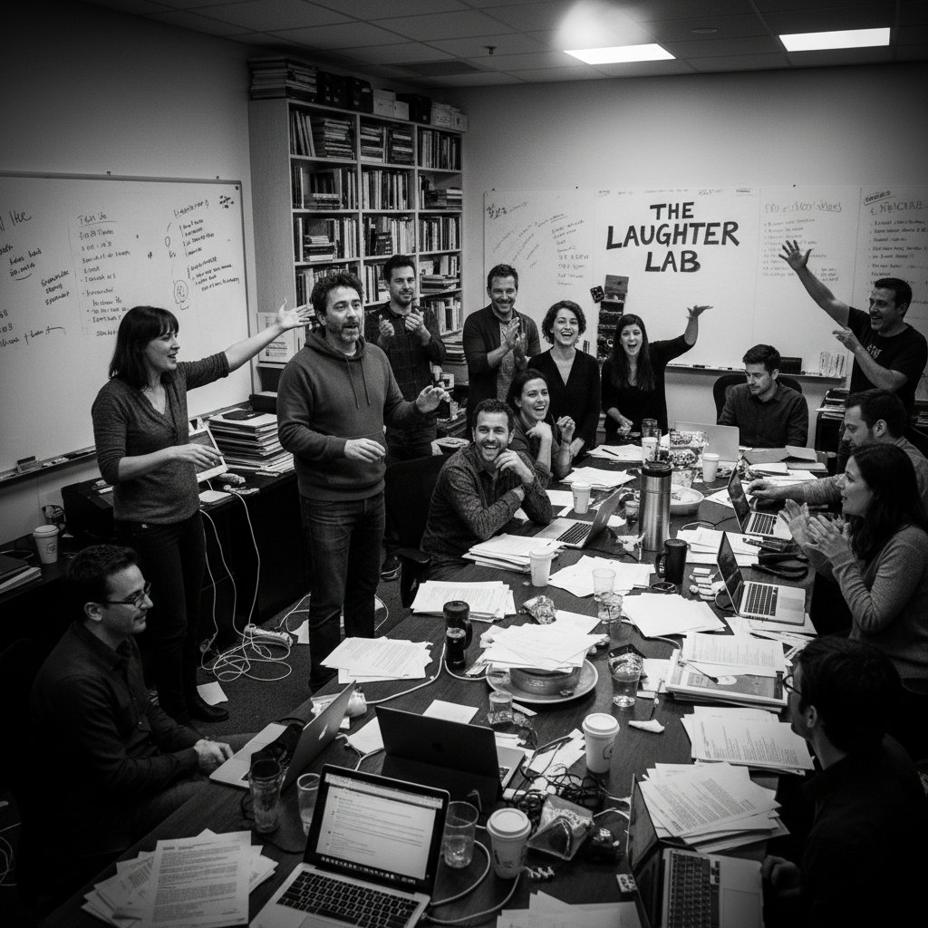 Judd Apatow brainstorming with writers in a cluttered office, documentary style, high contrast, creative energy