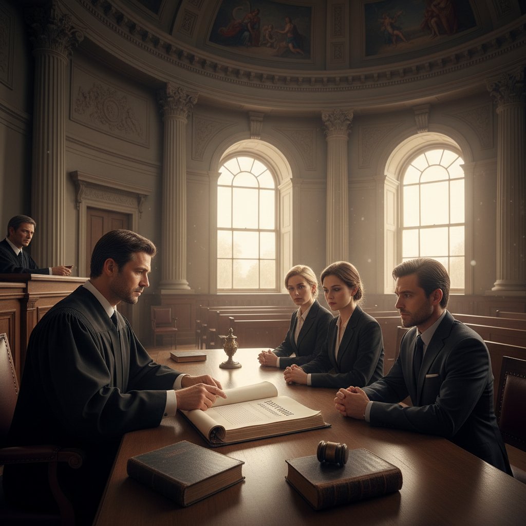 Sędzia i spadkobiercy podczas otwarcia testamentu, oficjalna atmosfera, dokumenty