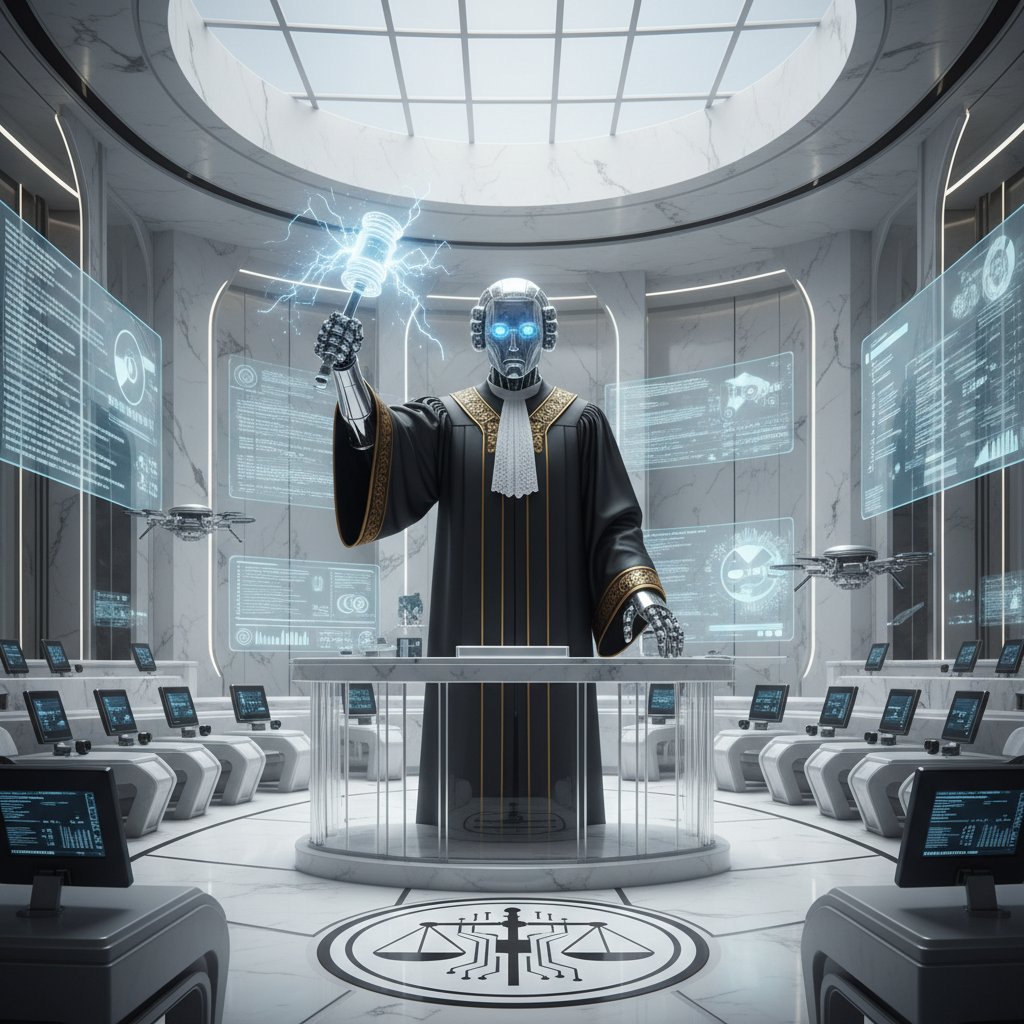 Sędzia i robot w jednej sali sądowej symbolizujący automatyzację sądów