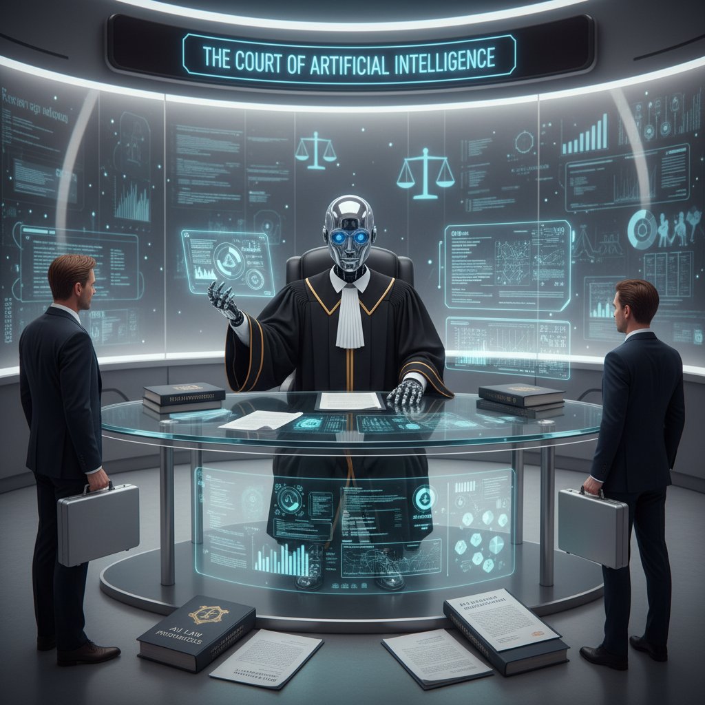 Sędzia i robot AI w sądzie, dokumenty na ławie – prawa AI w Europie