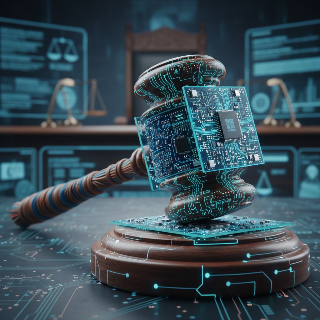 Młotek sędziowski na płytce elektronicznej symbolizujący etykę AI
