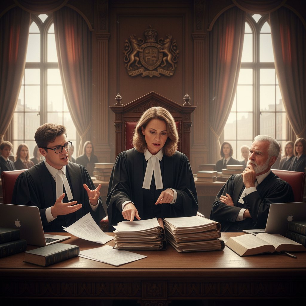 Fotografia dwóch sędziów podczas narady, każda osoba wskazuje na inny dokument – metafora rozbieżności interpretacyjnych