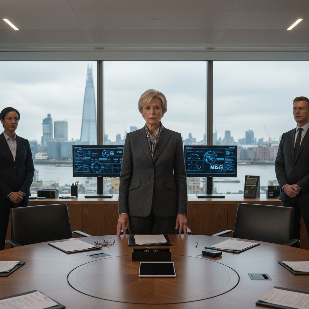 Judi Dench as M in the Bond franchise, standing authoritatively in MI6 office