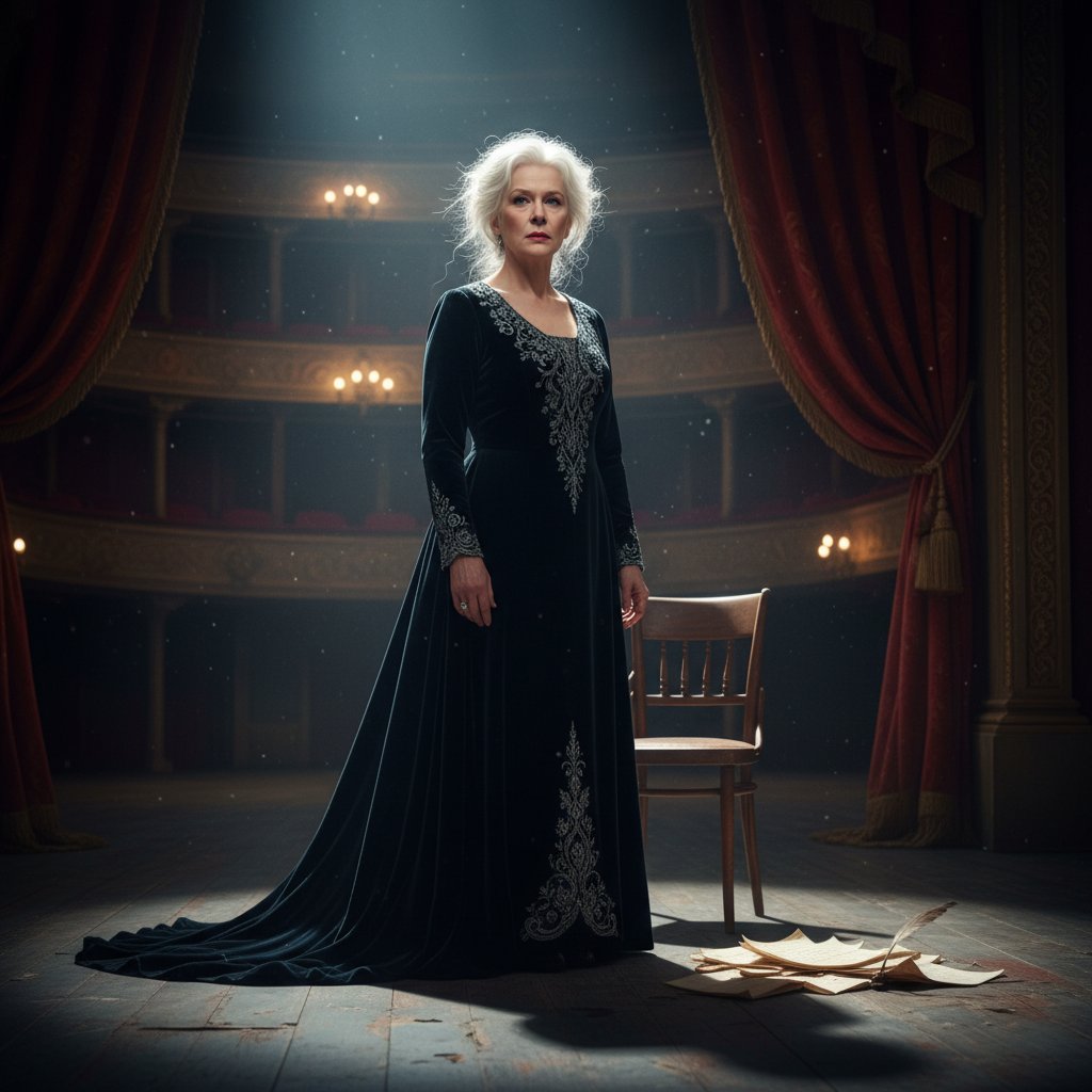 High-contrast, cinematic portrait of Judi Dench with fierce, intelligent eyes on a moody theater stage, dramatic lighting
