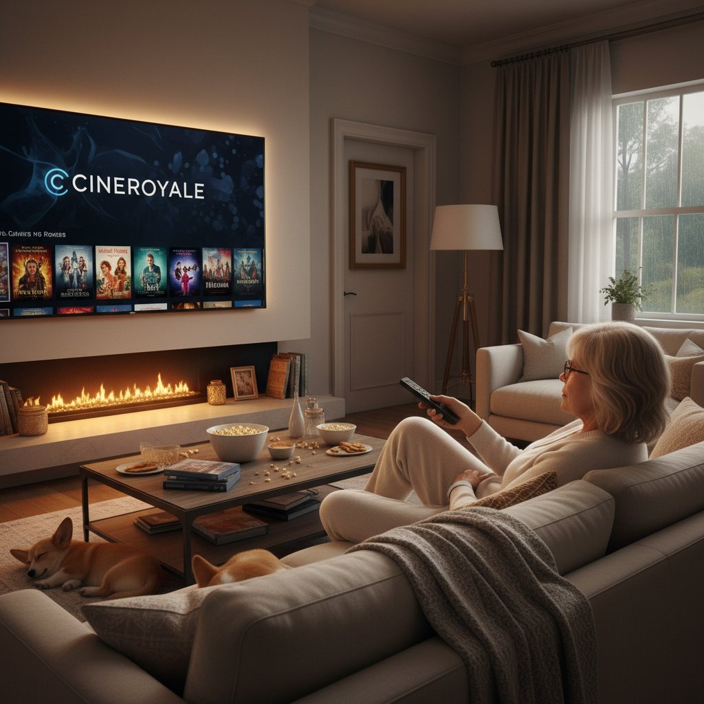 Judi Dench movie marathon on streaming service, living room scene, TV screen