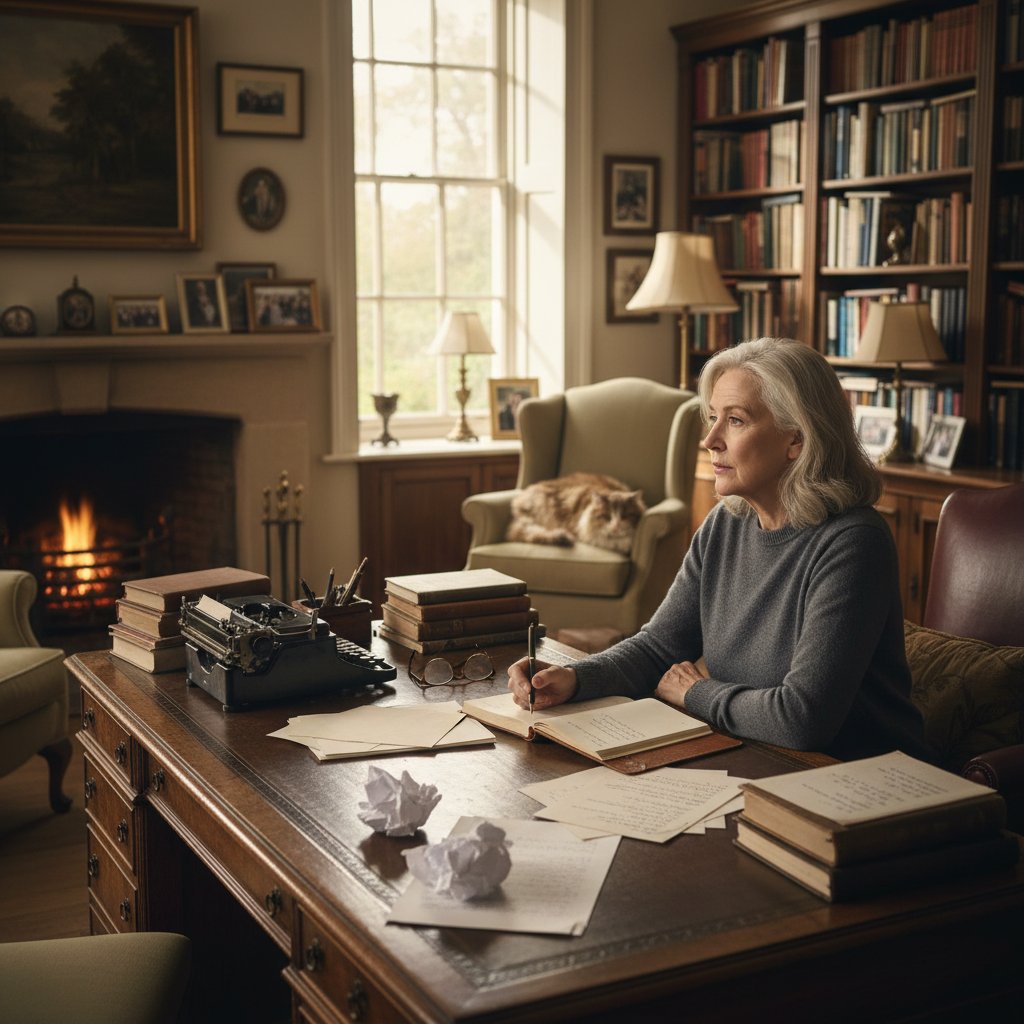Judi Dench writing memoir, surrounded by scripts, contemplative atmosphere