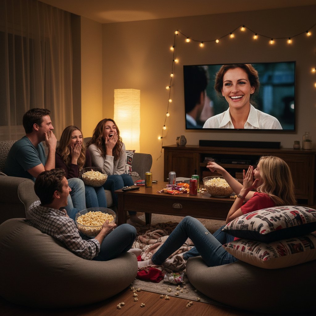 Group discovering Julia Roberts movies together, cozy living room, friends, popcorn, laughter
