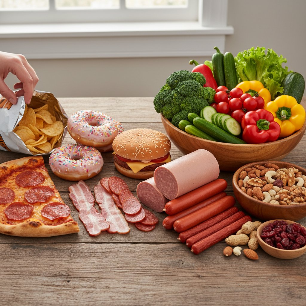 Skrajnie różne talerze: po jednej stronie fast food i przetworzone mięsa, po drugiej warzywa i orzechy