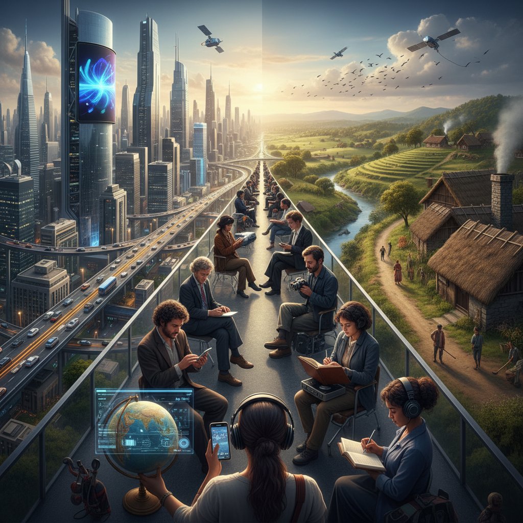 Kontrast cyfrowy między miastem a wsią, nowoczesne miasto i wieś, urządzenia cyfrowe i analogowe