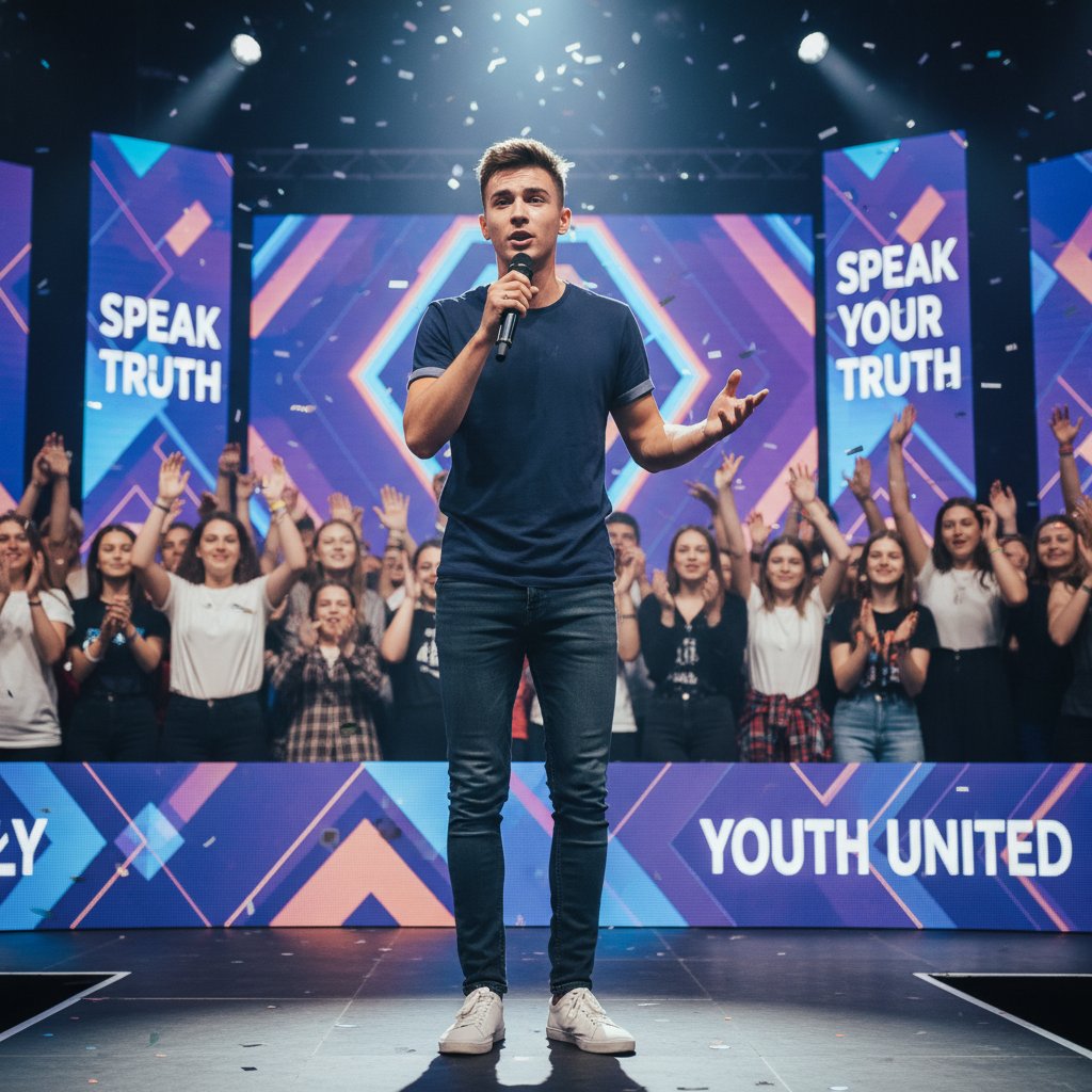 Kacper przemawia na wydarzeniu młodzieżowym, z pasją i pewnością siebie