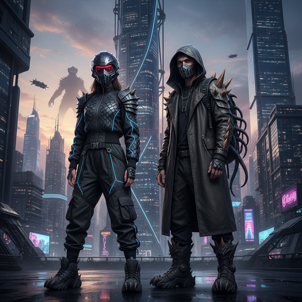 Streetwear inspired by kaiju movies, models in bold graphic clothing in urban setting, showcasing monster-themed fashion