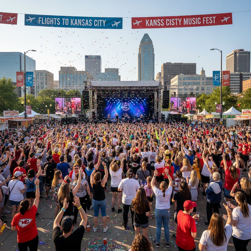Kansas City festival crowd, lively atmosphere, major event, flights to kansas city