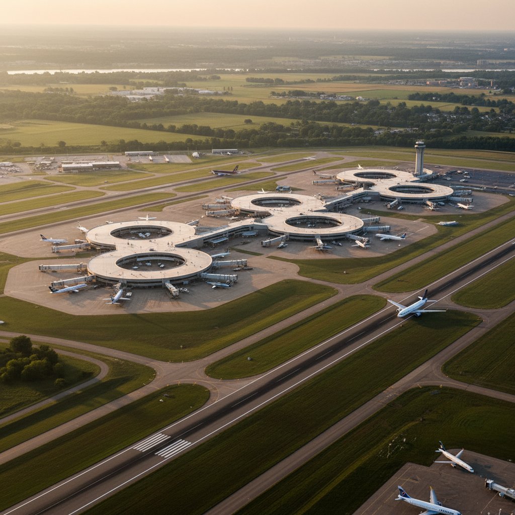 Kansas City International Airport seen from above, morning light, with planes on tarmac and city skyline in the distance