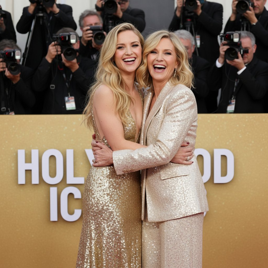 Kate Hudson and Goldie Hawn, cinematic mother-daughter duo, split screen, Hollywood background